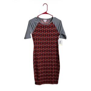NWT Lularoe Red/Black Geometric Print w/ Gray Raglan Sleeves Julia Dress- Sz XXS